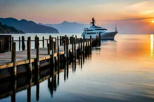 a boat docked at the pier at sunset. AI-Generated photo