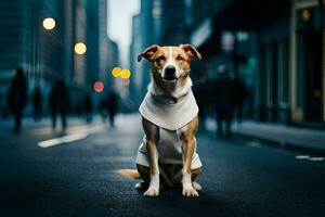 a dog wearing a white vest sitting on the street. AI-Generated photo