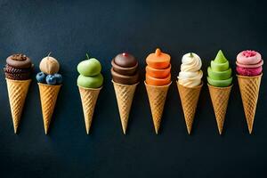 a row of ice cream cones with different flavors. AI-Generated photo