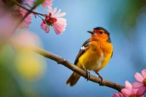 a colorful bird sits on a branch with pink flowers. AI-Generated photo