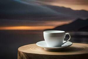 coffee cup on a wooden table with mountains in the background. AI-Generated photo