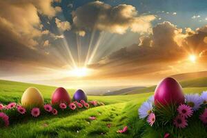 easter eggs in a field with flowers and sun. AI-Generated photo