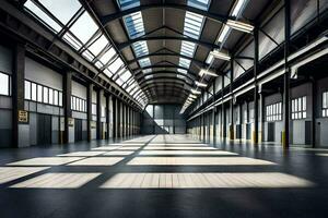 an empty warehouse with lots of windows. AI-Generated photo