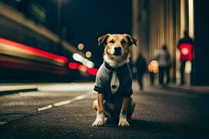 a dog wearing a shirt and tie sitting on the street at night. AI-Generated photo