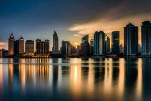 el ciudad horizonte a puesta de sol en Dubái generado por ai foto