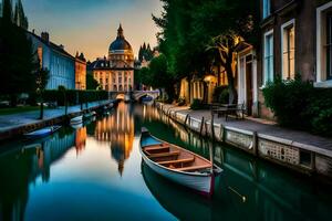 a boat is docked in a canal at sunset. AI-Generated photo