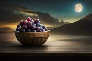 grapes in a basket on a table with a full moon. AI-Generated photo