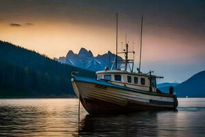 a boat on the water at sunset with mountains in the background. AI-Generated photo