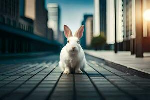 un blanco Conejo es en pie en un ciudad calle. generado por ai foto