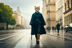 un gato vistiendo un Saco y sombrero caminando abajo un calle. generado por ai foto