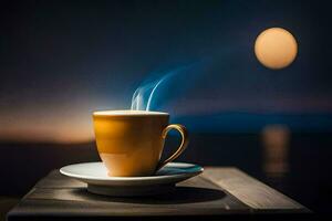 a cup of coffee on a table with a full moon in the background. AI-Generated photo
