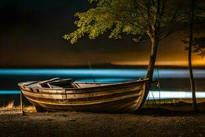 un barco se sienta en el apuntalar a noche. generado por ai foto