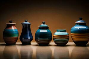 a row of colorful vases sit on a table. AI-Generated photo