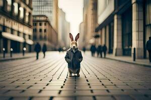 un Conejo en un traje soportes en el medio de un ciudad calle. generado por ai foto