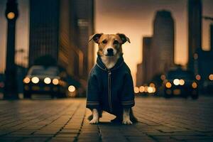 a dog wearing a jacket in the city at night. AI-Generated photo