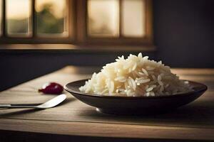 a bowl of white rice on a table next to a knife and fork. AI-Generated photo