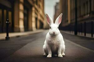 a white rabbit sitting on the street in a city. AI-Generated photo