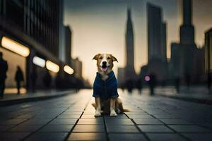 a dog wearing a blue shirt sitting on a street. AI-Generated photo