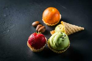 three ice cream cones with fruit and nuts on a black background. AI-Generated photo