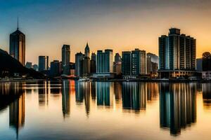 the city skyline is reflected in the water at sunset. AI-Generated photo