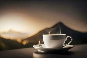 a cup of coffee on a table with mountains in the background. AI-Generated photo