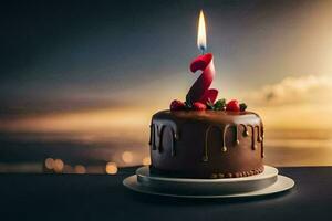 a chocolate birthday cake with a lit candle on top. AI-Generated photo