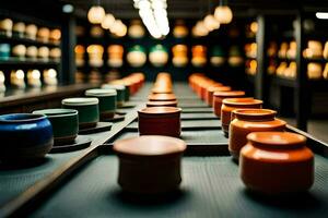 a row of colorful vases on a shelf. AI-Generated photo