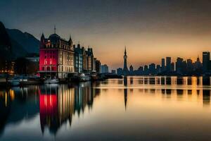 el ciudad horizonte es reflejado en el agua a puesta de sol. generado por ai foto