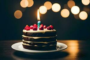 a chocolate cake with a single candle on top. AI-Generated photo