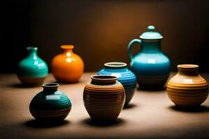 a group of colorful vases sitting on a table. AI-Generated photo