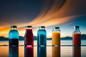 five bottles of juice are lined up on a table. AI-Generated photo