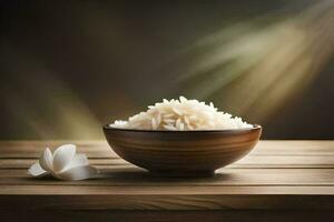 a bowl of rice and a flower on a wooden table. AI-Generated photo