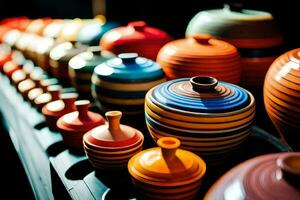 a row of colorful vases are lined up on a shelf. AI-Generated photo