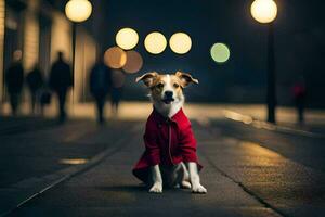 a dog in a red coat sitting on the street at night. AI-Generated photo