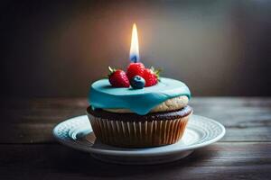 a cupcake with blue frosting and a single candle. AI-Generated photo