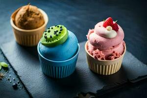 three different ice cream cups with different toppings. AI-Generated photo
