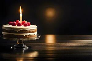 a cake with a single candle on top. AI-Generated photo