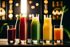 five different types of juices in glasses. AI-Generated photo