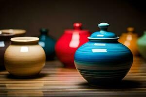a group of colorful vases sitting on a table. AI-Generated photo