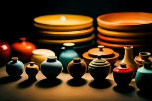 a group of colorful vases and bowls. AI-Generated photo