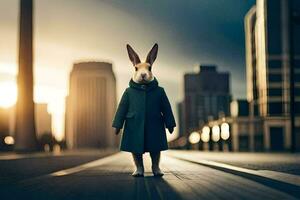 a rabbit wearing a coat and standing on a street. AI-Generated photo