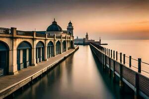 a long exposure photograph of a pier and buildings at sunset. AI-Generated photo