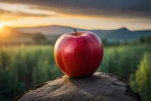 an apple sits on a stump in front of a sunset. AI-Generated photo