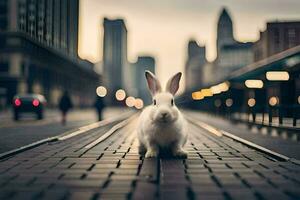 a white rabbit is standing on a brick walkway. AI-Generated photo
