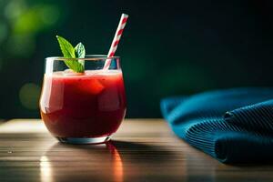 a glass of red juice with a straw and a mint. AI-Generated photo