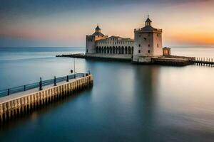 a long exposure photo of a building on the water. AI-Generated