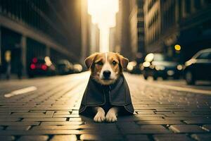 a dog wearing a cape sitting on the street. AI-Generated photo