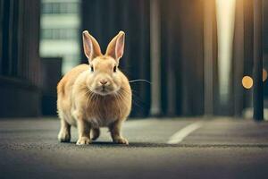 a rabbit is standing on the street in front of a building. AI-Generated photo