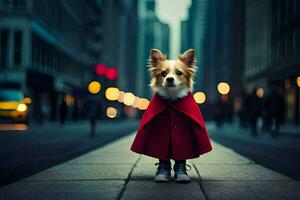 un perro vistiendo un rojo capa en pie en un ciudad calle. generado por ai foto