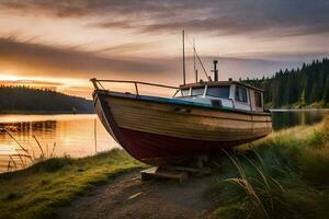 a boat sits on the shore of a lake at sunset. AI-Generated photo